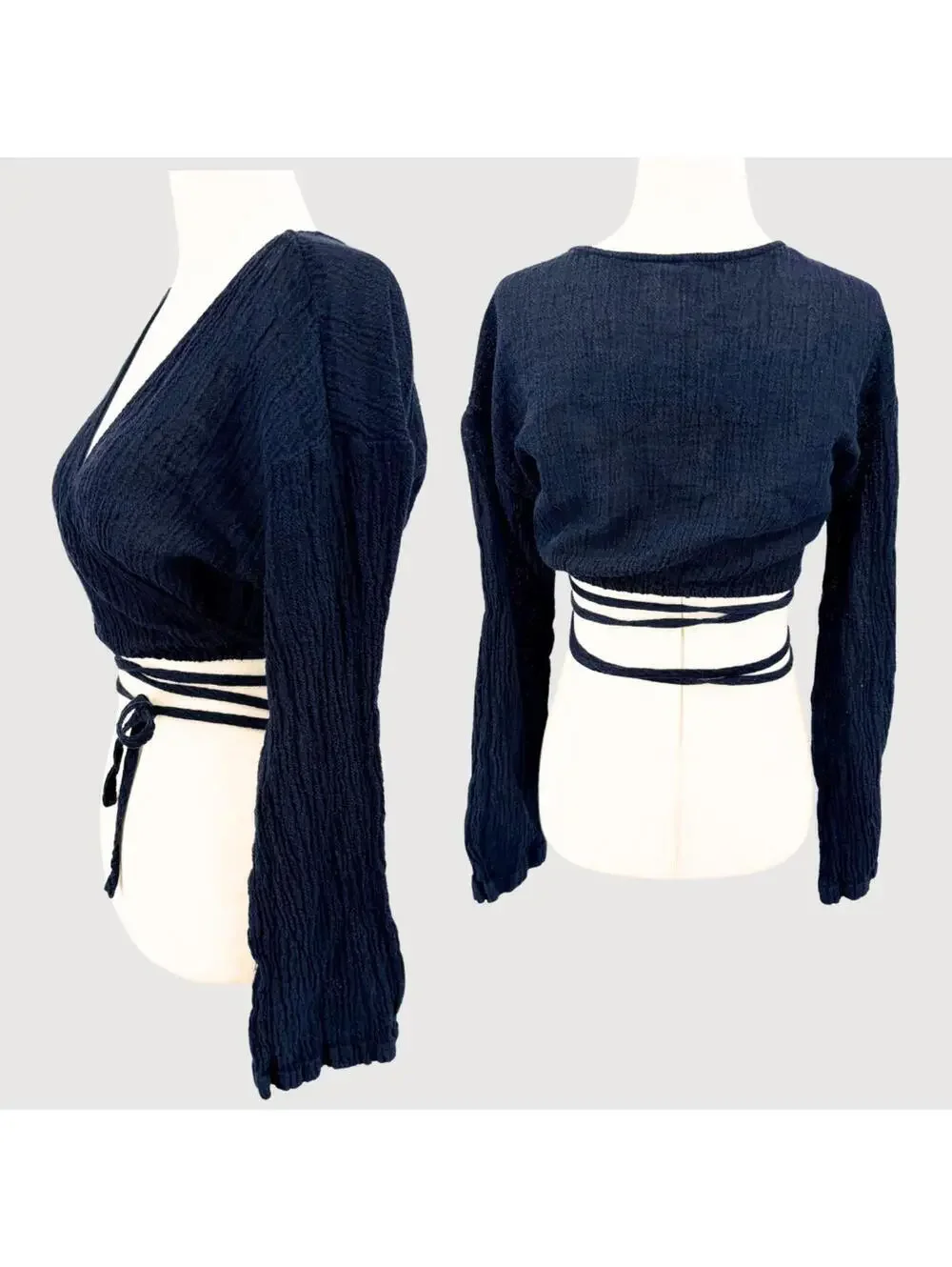 Free People Linen Blend Wrap Crop Top Black S
